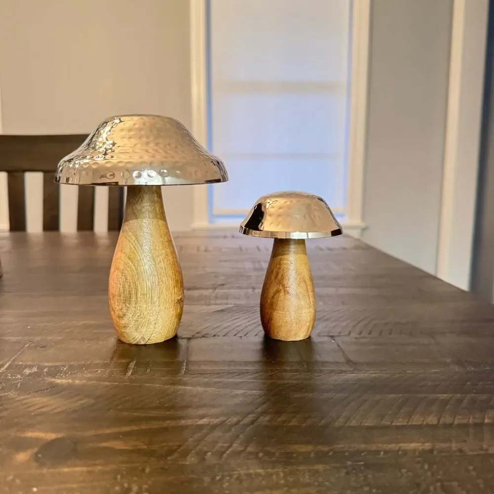 Home Decor Hammered Metal Mushroom Sculptures with Wood Base Set of 2